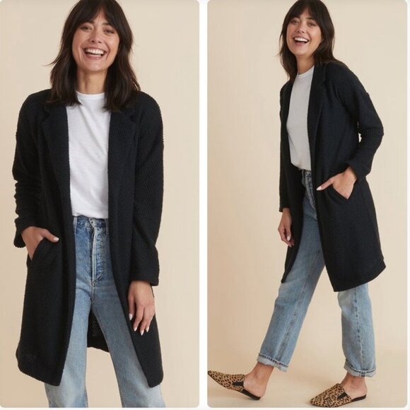 Marine Layer Birdseye Cardigan Black Coat Longline Textured Open Front XL Pocket